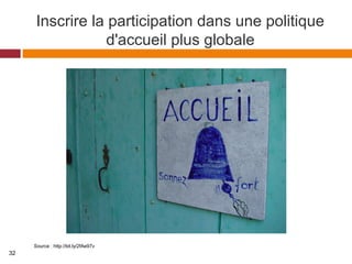 Inscrire la participation dans une politique
d'accueil plus globale
Source : http://bit.ly/2fAe97v
32
 