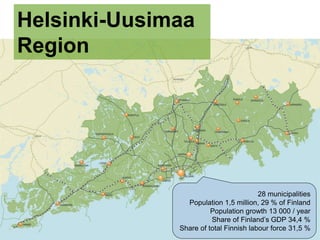 Helsinki-Uusimaa
Region
28 municipalities
Population 1,5 million, 29 % of Finland
Population growth 13 000 / year
Share of Finland’s GDP 34,4 %
Share of total Finnish labour force 31,5 %
 