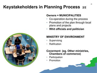 29
Owners = MUNICIPALITIES
• Co-operation during the process
• Promotion of the plan through local
plans and projects
• Whit officials and politician
MINISTRY OF ENVIRONMENT
• Supervising
• Ratification
Coverment (eg. Other ministries,
Chambers of commerce)
• Participation
• Promotion
Keystakeholders in Planning Process 2/2
 