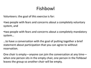 FishbowlVolunteers: the goal of this exercise is for: two people with fears and concerns about a completely voluntary system, and two people with fears and concerns about a completely mandatory system……to have a conversation with the goal of putting together a brief statement about participation that you can agree to without reservation. One chair is empty—anyone can join the conversation at any time—when one person sits in the empty chair, one person in the fishbowl leaves the group so another chair will be empty.