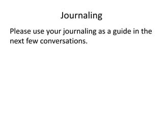 Finish this sentence:When my friend asked me what the best thing about cohousing was, I said:JournalingPlease use your journaling as a guide in the next few conversations. 