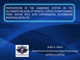 PARTICIPATION OF THE GABAERGIC SYSTEM ON THE
GLUTAMATE RELEASE OF FRONTAL CORTEX SYNAPTOSOMES
FROM WISTAR RATS WITH EXPERIMENTAL AUTOIMMUNE
ENCEPHALOMYELITIS




                              Ankit A. Gilani
                  Department of pharmacology & toxicology
                             NIPERA1113PC03
 