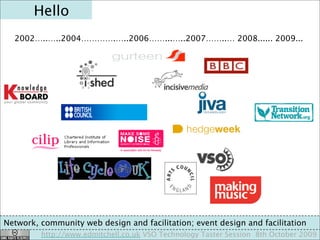 Hello
  2002…..…..2004………….…..2006……...…..2007……..… 2008...... 2009...




Network, community web design and facilitation;...