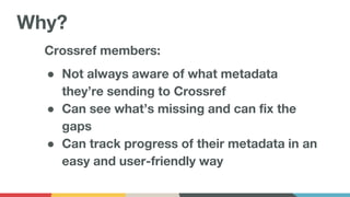 Crossref members:
● Not always aware of what metadata
they’re sending to Crossref
● Can see what’s missing and can fix the
gaps
● Can track progress of their metadata in an
easy and user-friendly way
Why?
 