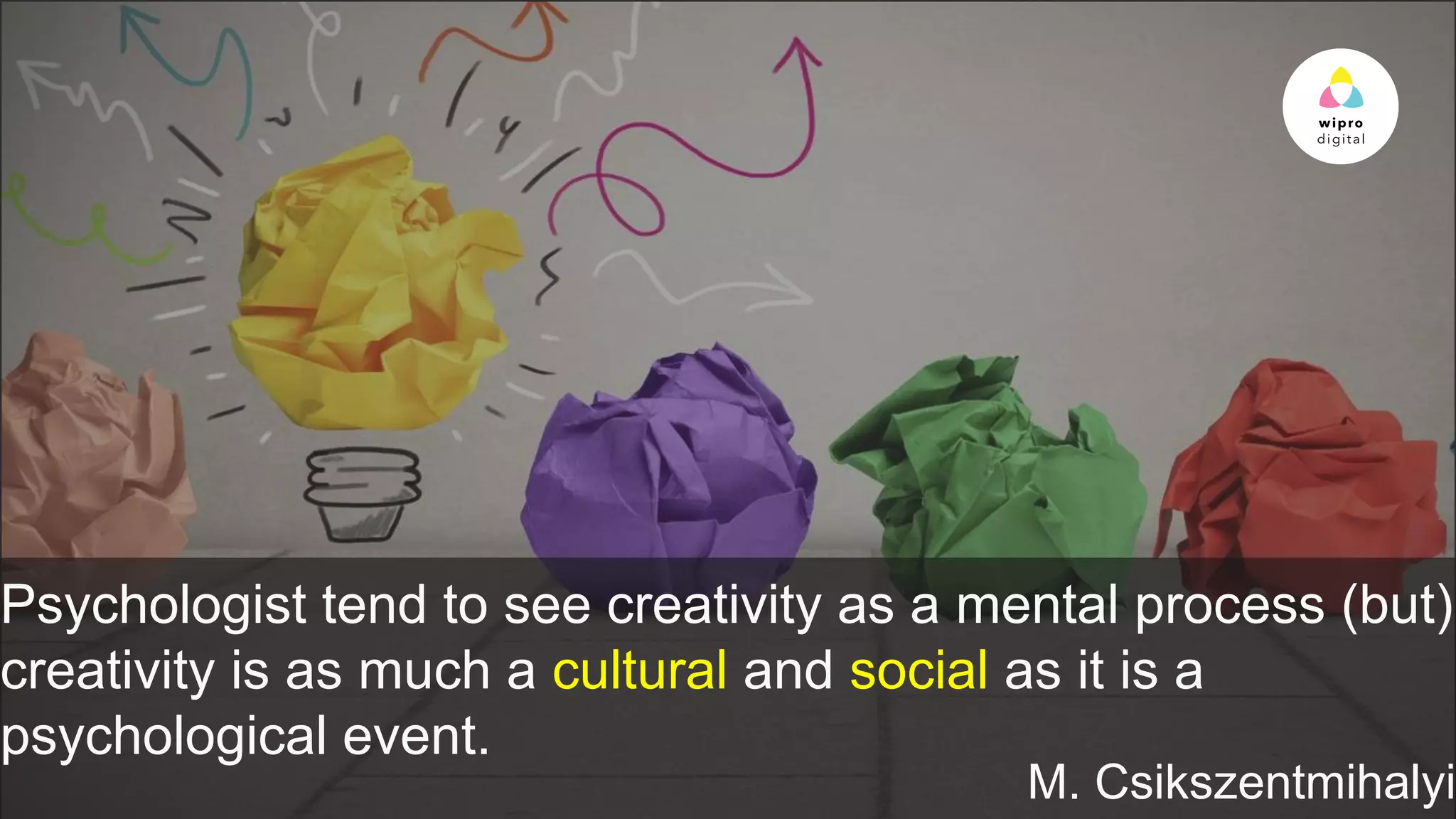 © 2015 WIPRO LTD | WWW.WIPRODIGITAL.COM 17
Psychologist tend to see creativity as a mental process (but)
creativity is as much a cultural and social as it is a
psychological event.
M. Csikszentmihalyi
 