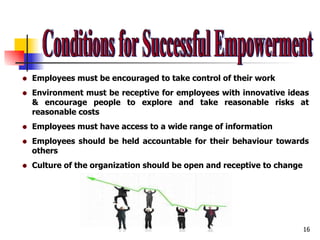 Conditions for Successful Empowerment Employees must be encouraged to take control of their work Environment must be receptive for employees with innovative ideas & encourage people to explore and take reasonable risks at reasonable costs Employees must have access to a wide range of information Employees should be held accountable for their behaviour towards others Culture of the organization should be open and receptive to change 