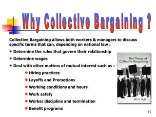 Why Collective Bargaining ? Collective Bargaining allows both workers & managers to discuss specific terms that can, depending on national law : Determine the rules that govern their relationship Determine wages Deal with other matters of mutual interest such as : Hiring practices Layoffs and Promotions Working conditions and hours Work safety Worker discipline and termination Benefit programs  