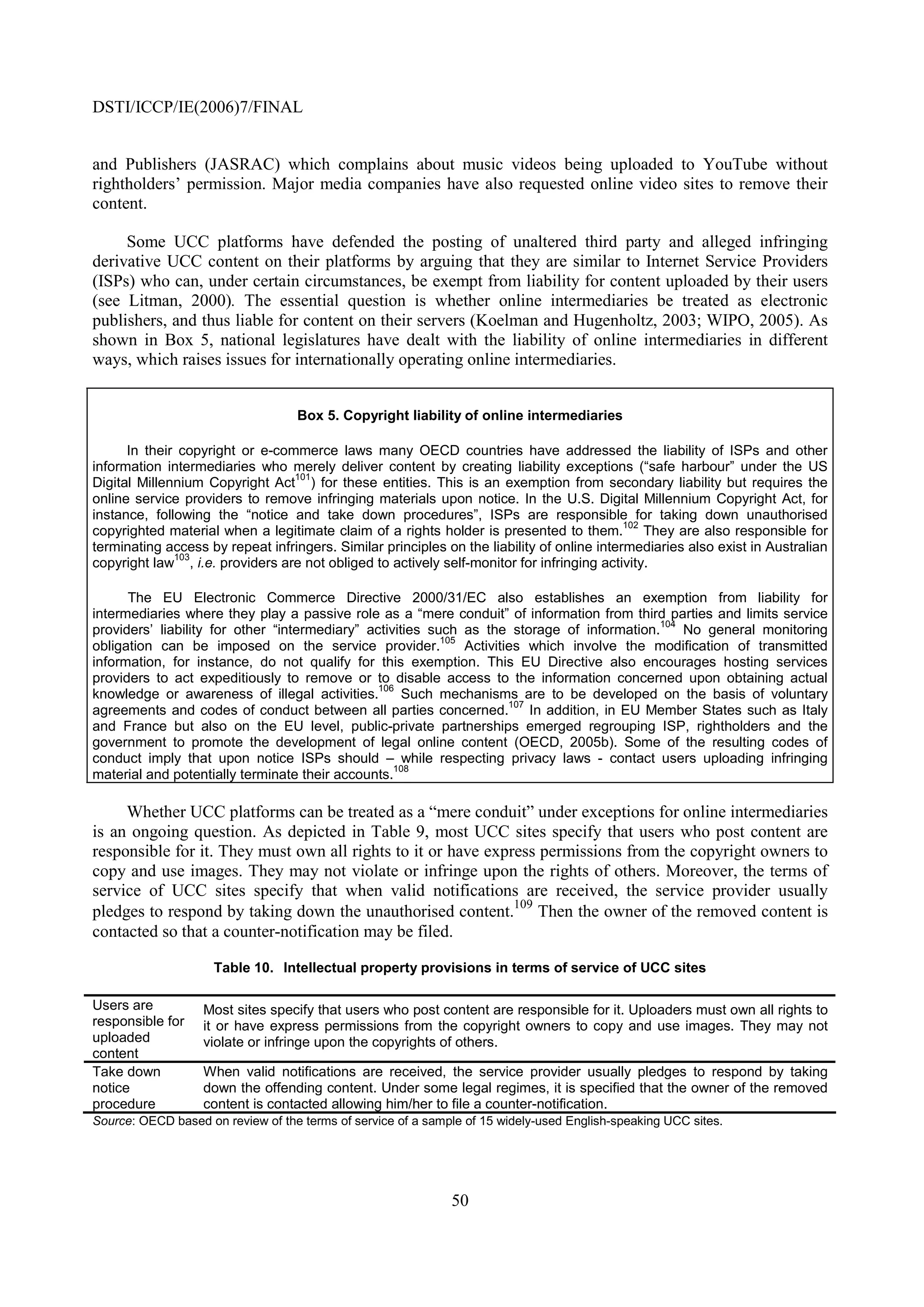 DSTI/ICCP/IE(2006)7/FINAL


and Publishers (JASRAC) which complains about music videos being uploaded to YouTube without
rightholders’ permission. Major media companies have also requested online video sites to remove their
content.

     Some UCC platforms have defended the posting of unaltered third party and alleged infringing
derivative UCC content on their platforms by arguing that they are similar to Internet Service Providers
(ISPs) who can, under certain circumstances, be exempt from liability for content uploaded by their users
(see Litman, 2000). The essential question is whether online intermediaries be treated as electronic
publishers, and thus liable for content on their servers (Koelman and Hugenholtz, 2003; WIPO, 2005). As
shown in Box 5, national legislatures have dealt with the liability of online intermediaries in different
ways, which raises issues for internationally operating online intermediaries.


                                   Box 5. Copyright liability of online intermediaries

      In their copyright or e-commerce laws many OECD countries have addressed the liability of ISPs and other
information intermediaries who merely deliver content by creating liability exceptions (“safe harbour” under the US
                                 101
Digital Millennium Copyright Act ) for these entities. This is an exemption from secondary liability but requires the
online service providers to remove infringing materials upon notice. In the U.S. Digital Millennium Copyright Act, for
instance, following the “notice and take down procedures”, ISPs are responsible for taking down unauthorised
                                                                                            102
copyrighted material when a legitimate claim of a rights holder is presented to them. They are also responsible for
terminating access by repeat infringers. Similar principles on the liability of online intermediaries also exist in Australian
              103
copyright law , i.e. providers are not obliged to actively self-monitor for infringing activity.

      The EU Electronic Commerce Directive 2000/31/EC also establishes an exemption from liability for
intermediaries where they play a passive role as a “mere conduit” of information from third parties and limits service
                                                                                             104
providers’ liability for other “intermediary” activities such as the storage of information.     No general monitoring
                                                           105
obligation can be imposed on the service provider.             Activities which involve the modification of transmitted
information, for instance, do not qualify for this exemption. This EU Directive also encourages hosting services
providers to act expeditiously to remove or to disable access to the information concerned upon obtaining actual
                                                106
knowledge or awareness of illegal activities.        Such mechanisms are to be developed on the basis of voluntary
                                                                       107
agreements and codes of conduct between all parties concerned. In addition, in EU Member States such as Italy
and France but also on the EU level, public-private partnerships emerged regrouping ISP, rightholders and the
government to promote the development of legal online content (OECD, 2005b). Some of the resulting codes of
conduct imply that upon notice ISPs should – while respecting privacy laws - contact users uploading infringing
                                                   108
material and potentially terminate their accounts.

     Whether UCC platforms can be treated as a “mere conduit” under exceptions for online intermediaries
is an ongoing question. As depicted in Table 9, most UCC sites specify that users who post content are
responsible for it. They must own all rights to it or have express permissions from the copyright owners to
copy and use images. They may not violate or infringe upon the rights of others. Moreover, the terms of
service of UCC sites specify that when valid notifications are received, the service provider usually
                                                               109
pledges to respond by taking down the unauthorised content. Then the owner of the removed content is
contacted so that a counter-notification may be filed.

                     Table 10. Intellectual property provisions in terms of service of UCC sites

Users are          Most sites specify that users who post content are responsible for it. Uploaders must own all rights to
responsible for    it or have express permissions from the copyright owners to copy and use images. They may not
uploaded           violate or infringe upon the copyrights of others.
content
Take down          When valid notifications are received, the service provider usually pledges to respond by taking
notice             down the offending content. Under some legal regimes, it is specified that the owner of the removed
procedure          content is contacted allowing him/her to file a counter-notification.
Source: OECD based on review of the terms of service of a sample of 15 widely-used English-speaking UCC sites.




                                                              50
 