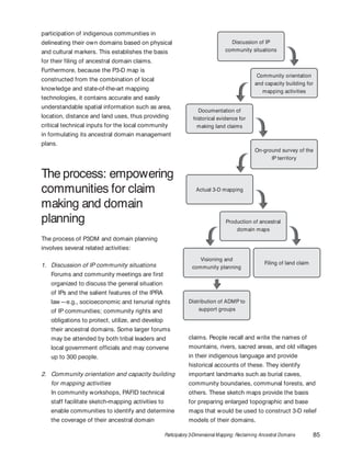 Participatory 3-Dimensional Mapping: Reclaiming Ancestral Domains 85
claims. People recall and write the names of
mountains, rivers, sacred areas, and old villages
in their indigenous language and provide
historical accounts of these. They identify
important landmarks such as burial caves,
community boundaries, communal forests, and
others. These sketch maps provide the basis
for preparing enlarged topographic and base
maps that would be used to construct 3-D relief
models of their domains.
participation of indigenous communities in
delineating their own domains based on physical
and cultural markers. This establishes the basis
for their filing of ancestral domain claims.
Furthermore, because the P3-D map is
constructed from the combination of local
knowledge and state-of-the-art mapping
technologies, it contains accurate and easily
understandable spatial information such as area,
location, distance and land uses, thus providing
critical technical inputs for the local community
in formulating its ancestral domain management
plans.
The process: empowering
communities for claim
making and domain
planning
The process of P3DM and domain planning
involves several related activities:
1. Discussion of IP community situations
Forums and community meetings are first
organized to discuss the general situation
of IPs and the salient features of the IPRA
law—e.g., socioeconomic and tenurial rights
of IP communities; community rights and
obligations to protect, utilize, and develop
their ancestral domains. Some larger forums
may be attended by both tribal leaders and
local government officials and may convene
up to 300 people.
2. Community orientation and capacity building
for mapping activities
In community workshops, PAFID technical
staff facilitate sketch-mapping activities to
enable communities to identify and determine
the coverage of their ancestral domain
Discussion of IP
community situations
Community orientation
and capacity building for
mapping activities
Documentation of
historical evidence for
making land claims
On-ground survey of the
IP territory
Production of ancestral
domain maps
Visioning and
community planning
Distribution of ADMP to
support groups
Filing of land claim
Actual 3-D mapping
 