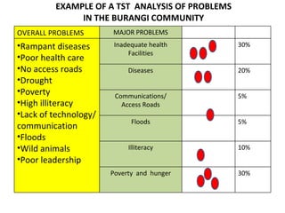 EXAMPLE OF A TST  ANALYSIS OF PROBLEMS  IN THE BURANGI COMMUNITY OVERALL PROBLEMS MAJOR PROBLEMS Rampant diseases Poor health care No access roads Drought Poverty High illiteracy Lack of technology/ communication Floods Wild animals Poor leadership Inadequate health Facilities 30% Diseases 20% Communications/ Access Roads 5% Floods 5% Illiteracy 10% Poverty  and  hunger 30% 