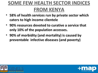 SOME FEW HEALTH SECTOR INDICES FROM KENYA 58% of health services run by private sector which caters to high income clientele 90% resources devoted to curative a service that only 10% of the population accesses. 90% of morbidity (and mortality) is caused by preventable  infective diseases (and poverty) 