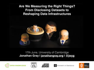 Are We Measuring the Right Things?!
From Disclosing Datasets to!
Reshaping Data Infrastructures
17th June, University of Cambridge
Jonathan Gray | jonathangray.org | @jwyg
 