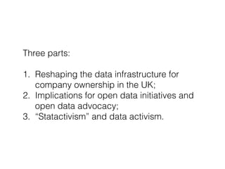 Highlights social and political work that goes
into the creation of data infrastructures.
 