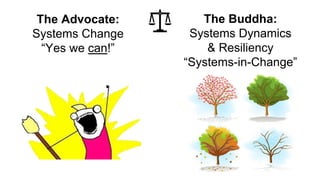 The Advocate:
Systems Change
Yes we can!
The Buddha:
Systems Dynamics
& Resiliency
Systems-in-Change
 