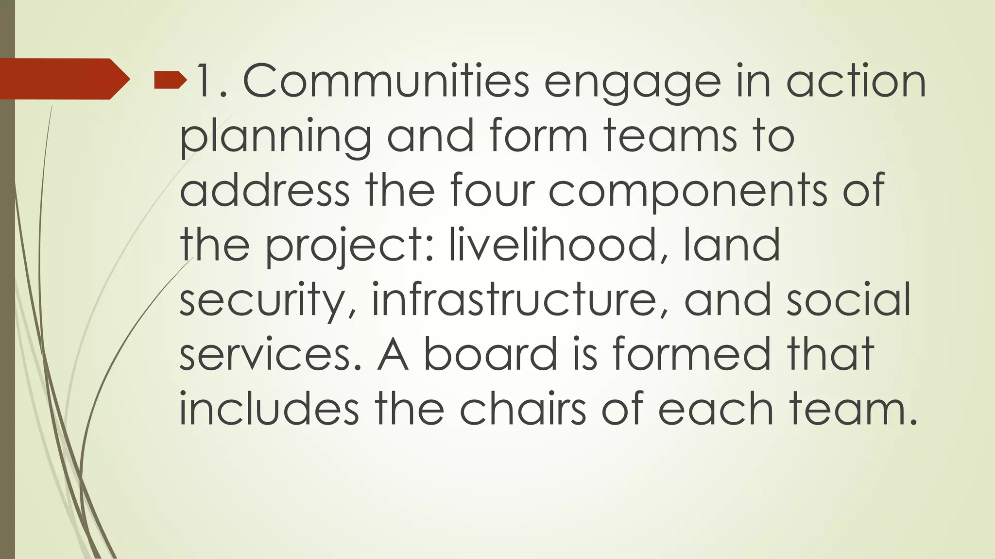 1. Communities engage in action 
planning and form teams to 
address the four components of 
the project: livelihood, land 
security, infrastructure, and social 
services. A board is formed that 
includes the chairs of each team. 
 