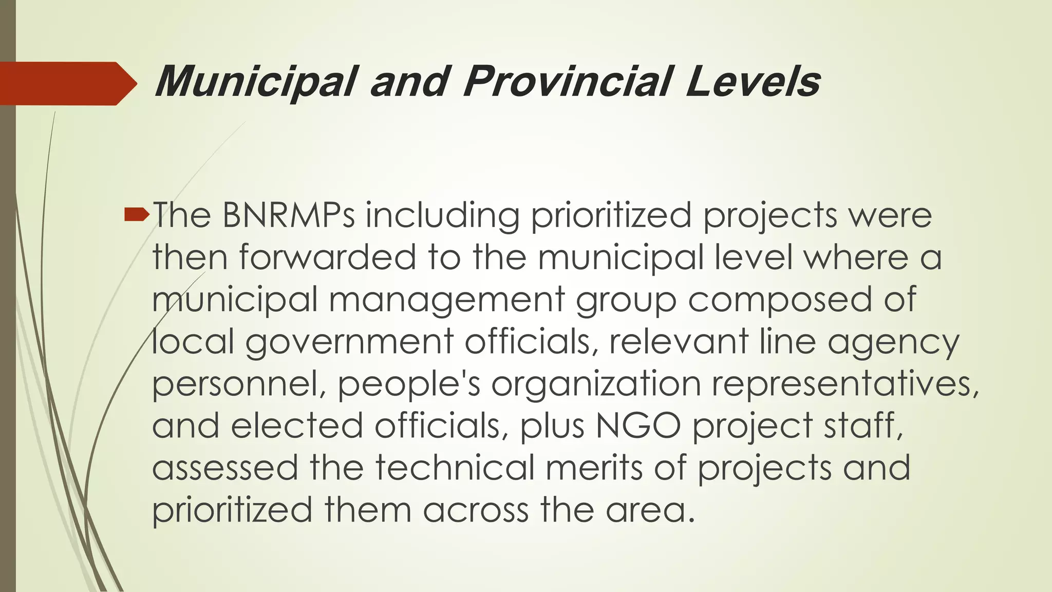 Municipal and Provincial Levels 
The BNRMPs including prioritized projects were 
then forwarded to the municipal level where a 
municipal management group composed of 
local government officials, relevant line agency 
personnel, people's organization representatives, 
and elected officials, plus NGO project staff, 
assessed the technical merits of projects and 
prioritized them across the area. 
 