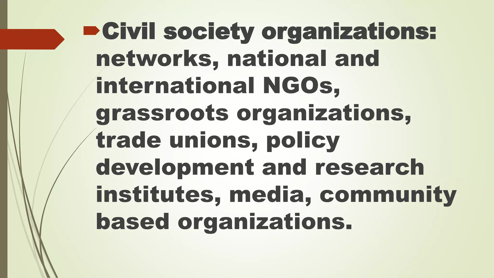 Civil society organizations: 
networks, national and 
international NGOs, 
grassroots organizations, 
trade unions, policy 
development and research 
institutes, media, community 
based organizations. 
 