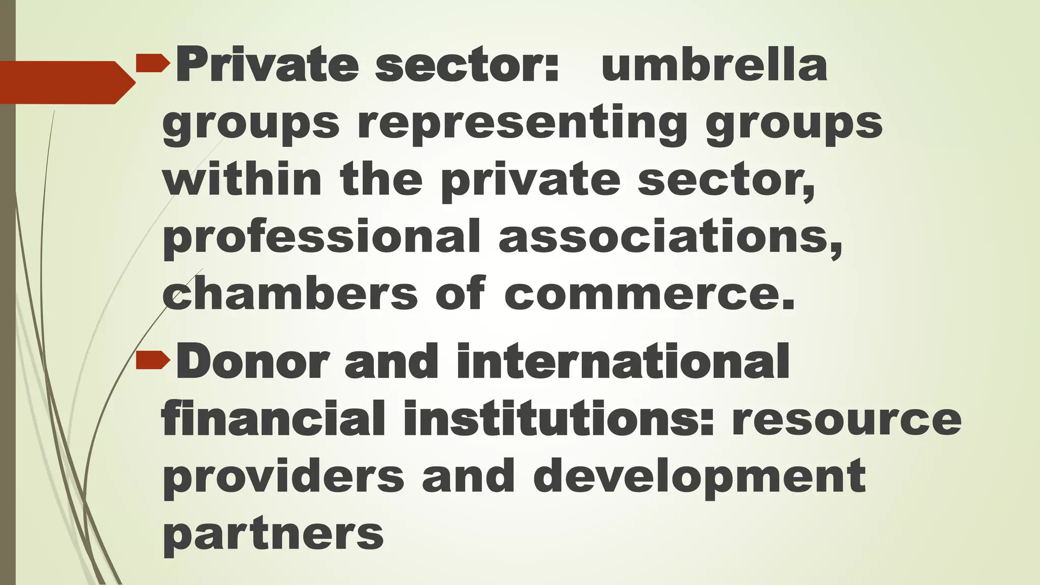 Private sector: umbrella 
groups representing groups 
within the private sector, 
professional associations, 
chambers of commerce. 
Donor and international 
financial institutions: resource 
providers and development 
partners 
 