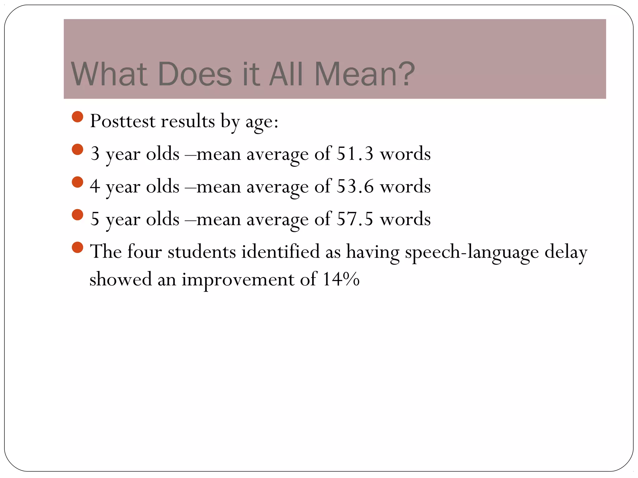 What Does it All Mean?
Posttest results by age:
3 year olds –mean average of 51.3 words
4 year olds –mean average of 53.6 words
5 year olds –mean average of 57.5 words
The four students identified as having speech-language delay
  showed an improvement of 14%
 