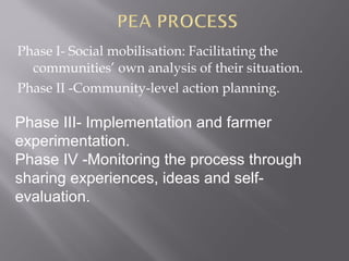Phase I- Social mobilisation: Facilitating the
communities’ own analysis of their situation.
Phase II -Community-level action planning.
Phase III- Implementation and farmer
experimentation.
Phase IV -Monitoring the process through
sharing experiences, ideas and self-
evaluation.
 