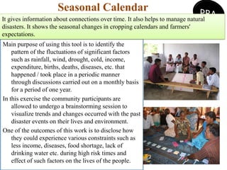 Seasonal Calendar
Main purpose of using this tool is to identify the
pattern of the fluctuations of significant factors
such as rainfall, wind, drought, cold, income,
expenditure, births, deaths, diseases, etc. that
happened / took place in a periodic manner
through discussions carried out on a monthly basis
for a period of one year.
In this exercise the community participants are
allowed to undergo a brainstorming session to
visualize trends and changes occurred with the past
disaster events on their lives and environment.
One of the outcomes of this work is to disclose how
they could experience various constraints such as
less income, diseases, food shortage, lack of
drinking water etc. during high risk times and
effect of such factors on the lives of the people.
It gives information about connections over time. It also helps to manage natural
disasters. It shows the seasonal changes in cropping calendars and farmers'
expectations.
 