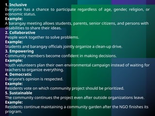 1. Inclusive
Everyone has a chance to participate regardless of age, gender, religion, or
economic status.
Example:
A barangay meeting allows students, parents, senior citizens, and persons with
disabilities to share their ideas.
2. Collaborative
People work together to solve problems.
Example:
Students and barangay officials jointly organize a clean-up drive.
3. Empowering
Community members become confident in making decisions.
Example:
Youth volunteers plan their own environmental campaign instead of waiting for
teachers to organize everything.
4. Democratic
Everyone's opinion is respected.
Example:
Residents vote on which community project should be prioritized.
5. Sustainable
The community continues the project even after outside organizations leave.
Example:
Residents continue maintaining a community garden after the NGO finishes its
program.
 