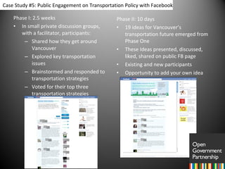 Phase I: 2.5 weeks In small private discussion groups, with a facilitator, participants: Shared how they get around Vancouver Explored key transportation issues Brainstormed and responded to transportation strategies Voted for their top three transportation strategies Phase II: 10 days 19 ideas for Vancouver’s transportation future emerged from Phase One These Ideas presented, discussed, liked, shared on public FB page Existing and new participants Opportunity to add your own idea Case Study #5: Public Engagement on Transportation Policy with Facebook 