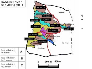 OWNERSHIP MAP
OF AMJHOR MILLI
N
A4, B10, C1
A6, B15, C0
A5, B16, C0
A0, B3, C0
A4, B10, C0
A4, B9, C1
A0, B5, C0
A3, B7, C1
A6, B16, C0
A4, B6, C1
A5, B6, C0
Food sufficiency
<6 months
Food sufficiency
6-12 months
Food sufficiency
>12 months
A
B
C
 