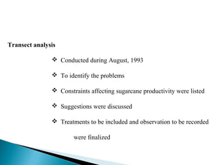 Transect analysis

                Conducted during August, 1993

                To identify the problems

                Constraints affecting sugarcane productivity were listed

                Suggestions were discussed

                Treatments to be included and observation to be recorded

                       were finalized
 