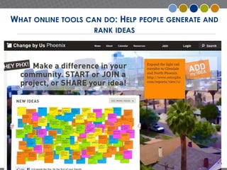 11 
WHAT ONLINE TOOLS CAN DO: HELP PEOPLE GENERATE AND 
RANK IDEAS 
 