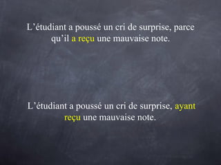 L’étudiant a poussé un cri de surprise, parce
qu’il a reçu une mauvaise note.
L’étudiant a poussé un cri de surprise, ayant
reçu une mauvaise note.
 