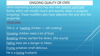 ONGOING QUALITY OR STATE
Verbs expressing a process may also take present participle
forms, which can modify nouns and express states in progress
(ongoing). These modifiers also have adjective-like and verb-like
properties.
ONGOING
This is a roasting chicken — still cooking!
Growing children need a lot of food.
Breaking dishes startled the diners. (the sound)
Falling trees are a danger to hikers.
Frying potatoes smell delicious.
He is a loving husband.
 