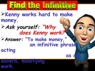 Kenny works hard to make
money.
Ask yourself: “Why
       does Kenny work?”
Answer: “To make money,”
           an infinitive phrase
acting
                          as an
adverb, modifying
work.
 