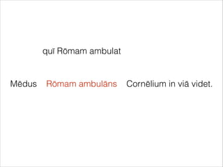 Mēdus Cornēlium in viā videt.
quī Rōmam ambulat
Rōmam ambulāns
 