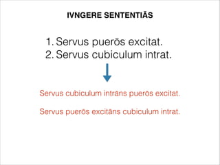 1. Servus puerōs excitat.
2. Servus cubiculum intrat.
Servus cubiculum intrāns puerōs excitat.
IVNGERE SENTENTIĀS
Servus puerōs excitāns cubiculum intrat.
 