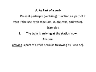 A. As Part of a verb
Present participle (verb+ing) function as part of a
verb if the use with tobe (am, is, are, was, and were).
Example :
1. The train is arriving at the station now.
Analyze:
arriving is part of a verb because following by is (to be).
 