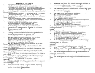 PARTICIPLE PHRASES (2)
After getting home from elementary school, …………
a. Our house buzzes with the children's many activities
b. the dog greets the children at the front door with wagging tail
c. the children have an hour to play before they begin their homework.
d. the school bus drops the children at the corner near their house.
2.
……… the pagoda is considered to be one of an important historical
places in our city.
a. Building in the 15 th century b. As building in the 15 th century.
c. Built in the 15 th century
d. Built the 15 th century.
3.
Having been found guilty of theft, ………to find work in his chose
field as an accountant.
A. was difficult for Henry Jones B. found Henry Jones difficult
C. Henry Jones found it difficult D. it was found by Henry Jones difficult
4.
……… , we all agreed to let him go.
A. Having promised not to tell anyone what he had seen
B. Promising not telling anyone else what he saw
C. When he promised not telling anyone else what he saw
D. After he had promised not to tell anyone what he had seen
5.
Entered the room, he discovered that he had lost his wallet while
A
B
C
shopping in the city center.
D
6.
Those two teams are playing against each other, attempted to score
A
B
points by throwing a ball into the opponent's goal.
C
D
7.
(ĐH 2012 –A1 )To my surprise, the stranger knew my name.
A. What surprised me most was the stranger’s name.
B. I was surprised that the stranger knew my name.
C. My name was the only thing the stranger knew.
D. It surprised the stranger that I knew his name.
8.
(ĐH 2012 –D1 )Martin missed his flight because he had not been
informed of the change in flight schedule.
A. Martin missed his flight, though he had been informed of the
change in the flight schedule.
B. Martin had been informed of his flight delay, which was due to the
change in flight schedule.
C. Not having been informed of the change of the flight schedule,
Martin missed his flight.
D. Not having missed his flight, Martin was informed of the change in
flight schedule.
9.
The struggle for women’s rights began in the 18th century during a
period______ as the Age of Enlightenment.
A. known
B. is knowing C. that knew D. Knew
(ĐH 2011)
10.
Publishing in the UK, the book has won a number of awards in recent
regional book fairs.
A
B
C
D
11.
During our tour of the refinery, it was seen that both propane and
A
B
C
gasoline were produced in large volumes.
D
1.

12.

(ĐH 2010) Many people have found the monotonous buzzing of the
A
B
vuvuzela in the 2010-World-Cup matches so annoyed.
C
D
13.
(ĐH 2009) Found in the 12th century, Oxford University ranks among
A
B C
the world’s oldest universities.
D
14.
(ĐH 2008) Having been delayed by heavy traffic, _______.
A. it was impossible for her to arrive on time
B. her being late was intolerable
C. it was difficult for her to arrive on time
D. she was unable to arrive on time
15.
(ĐH 2007) Hillary changed her major from linguistics to business, _.
A. hoping she can easier get a job
B. with the hope for being able finding a better job
C. hoping to find a job more easily
D. with hopes to be able easier to get employment
16.
Educated in the UK, his qualifications are widely recognized in the
world of professionals. A
B
C
D
(CĐ 08)
17.
I’ve just been told some ______ news.
A. astonish B. astonishment C. astonished D. astonishing
18.
We were all surprised when she suddenly came back.
A. All of us found it surprising that she suddenly came back.
B. The fact that we were surprised made her come back.
C. All of us were amazing to see her come back.
D. She was surprised, coming back suddenly.
19.
The British national anthem, calling “God Save the Queen”, was a
A
B
C
traditional song in the 18th century.
D
(CĐ 2010)
20.
______ entering the hall, he found everyone waiting for him.
A. On
B. At
C. With
D. Of
21.
Being that he was a good swimmer, John managed to rescue the child.
A
B
C
D
22.
(CĐ 2011) Building thousands of years ago, the ancient palace is
A
B
C
popular with modern tourists.
D
23.
(CĐ 2012) Opened the letter from her boyfriend, she felt extremely
exited.
A
B
C
D

 