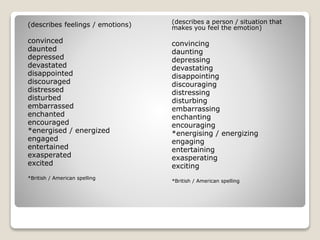 (describes a person / situation that
makes you feel the emotion)
convincing
daunting
depressing
devastating
disappointing
discouraging
distressing
disturbing
embarrassing
enchanting
encouraging
*energising / energizing
engaging
entertaining
exasperating
exciting
*British / American spelling
(describes feelings / emotions)
convinced
daunted
depressed
devastated
disappointed
discouraged
distressed
disturbed
embarrassed
enchanted
encouraged
*energised / energized
engaged
entertained
exasperated
excited
*British / American spelling
 
