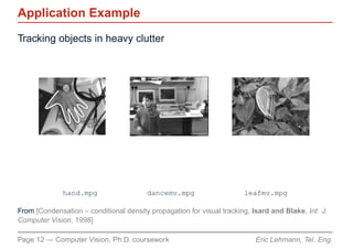 Application Example
Tracking objects in heavy clutter




              hand.mpg                  dancemv.mpg                    leafmv.mpg

From [Condensation – conditional density propagation for visual tracking, Isard and Blake, Int. J.
Computer Vision, 1998]

Page 12 — Computer Vision, Ph.D. coursework                                Eric Lehmann, Tel. Eng.
 