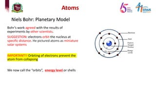 Atoms
Niels Bohr: Planetary Model
Bohr’s work agreed with the results of
experiments by other scientists.
SUGGESTION: electrons orbit the nucleus at
specific distance. He pictured atoms as miniature
solar systems
IMPORTANT!! Orbiting of electrons prevent the
atom from collapsing
We now call the “orbits”, energy level or shells
 