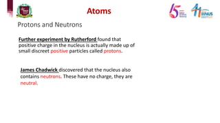 Atoms
Protons and Neutrons
Further experiment by Rutherford found that
positive charge in the nucleus is actually made up of
small discreet positive particles called protons.
James Chadwick discovered that the nucleus also
contains neutrons. These have no charge, they are
neutral.
 
