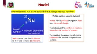 Nuclei
Every elements has a symbol and these always has two numbers.
Proton number (Atomic number)
Proton have a positive charge but atom
have no overall charge.
This is because the number of electrons
is equal to the number of protons.
The negative charges on the electrons
cancel out the positive charges on the
protons.
Sodium atom contains 11 protons
so they also contains 11 electrons.
 