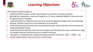 Learning Objectives
The students should be able to:
• understand that nucleon number and charge are conserved in nuclear processes
• describe the composition, mass and charge of α-, β- and γ-radiations (both β– (electrons) and
β+ (positrons) are included)
• understand that an antiparticle has the same mass but opposite charge to the corresponding
particle, and that a positron is the antiparticle of an electron
• state that (electron) antineutrinos are produced during β– decay and (electron) neutrinos are
produced during β+ decay
• understand that α-particles have discrete energies but that β-particles have a continuous range
of energies because (anti)neutrinos are emitted in β-decay
• represent α- and β-decay by a radioactive decay equation of the form !"
"#$
𝑈 → !%
"#&
𝑇ℎ + "
&
𝛼
• use the unified atomic mass unit (u) as a unit of mass
 