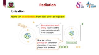 Radiation
Atoms can lose electrons from their outer energy level
Atom absorb so much
enery, electron at the
outermost completely
leave the atom
Now we call this
positive ion rather than
atom since it has more
proton than electron
Ionisation
 
