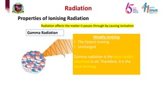 Radiation
Properties of Ionising Radiation
Radiation affects the matter it passes through by causing ionisation
Gamma Radiation
Weakly Ionising
• The fastest moving
• Uncharged
Gamma radiation is the least readily
absorbed in air. Therefore, it is the
least ionising.
 