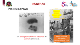 Radiation
Penetrating Power
Radiation
can pass
through solid
materials
Henry Bacquerel
discovered
radioacvtivity in 1896
The photographic film was blackened by
uranium compounds
 