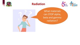 Radiation
What materials
can STOP alpha,
beta and gamma
radiation?
 