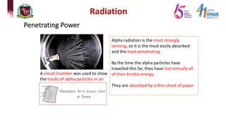 Radiation
Penetrating Power
A cloud chamber was used to show
the tracks of alpha particles in air
Alpha radiation is the most strongly
ionising, so it is the most easily absorbed
and the least penetrating
By the time the alpha particles have
travelled this far, they have lost virtually all
of their kinetic energy.
They are absorbed by a thin sheet of paper
 