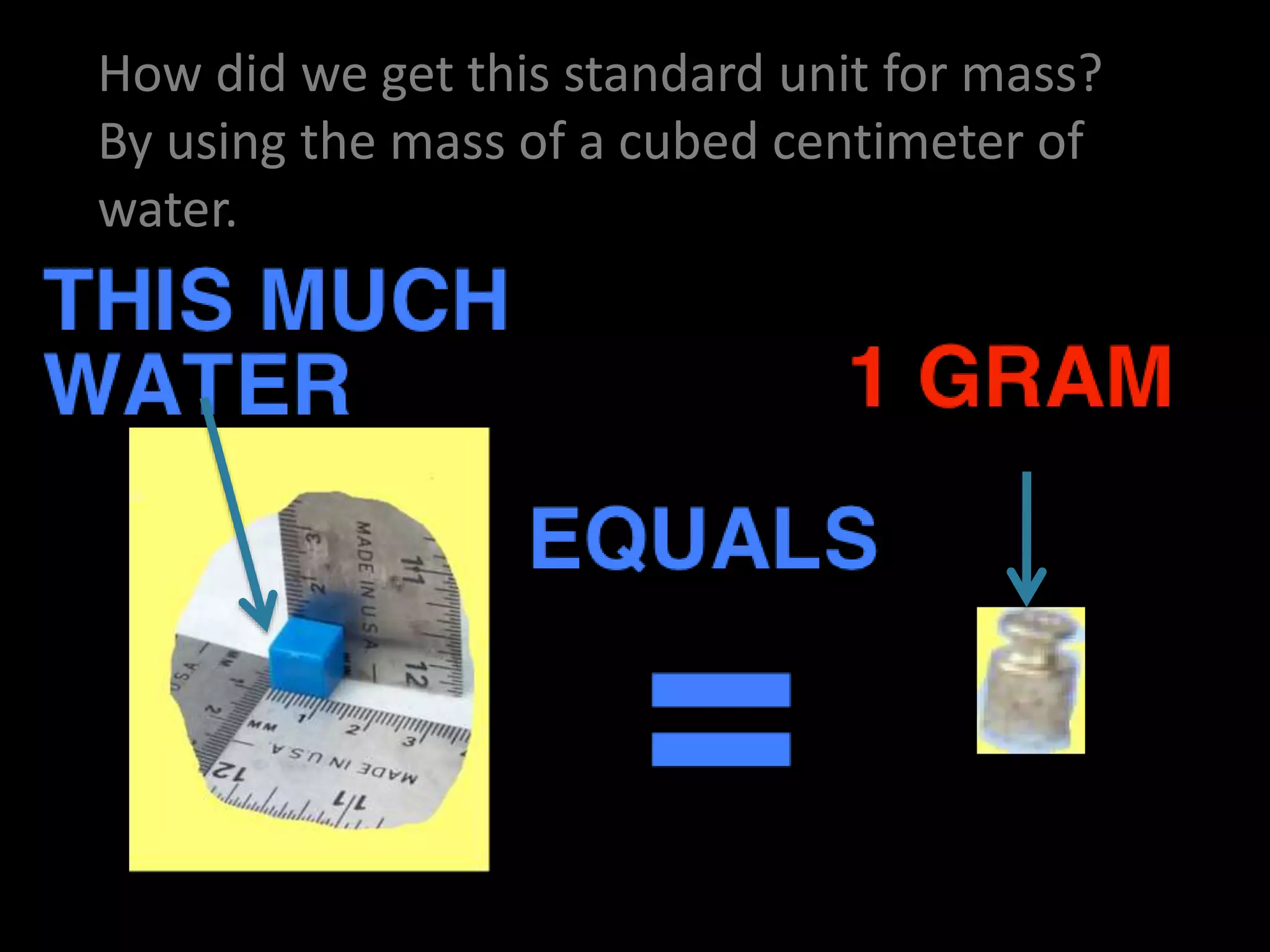 How did we get this standard unit for mass?
By using the mass of a cubed centimeter of
water.
 
