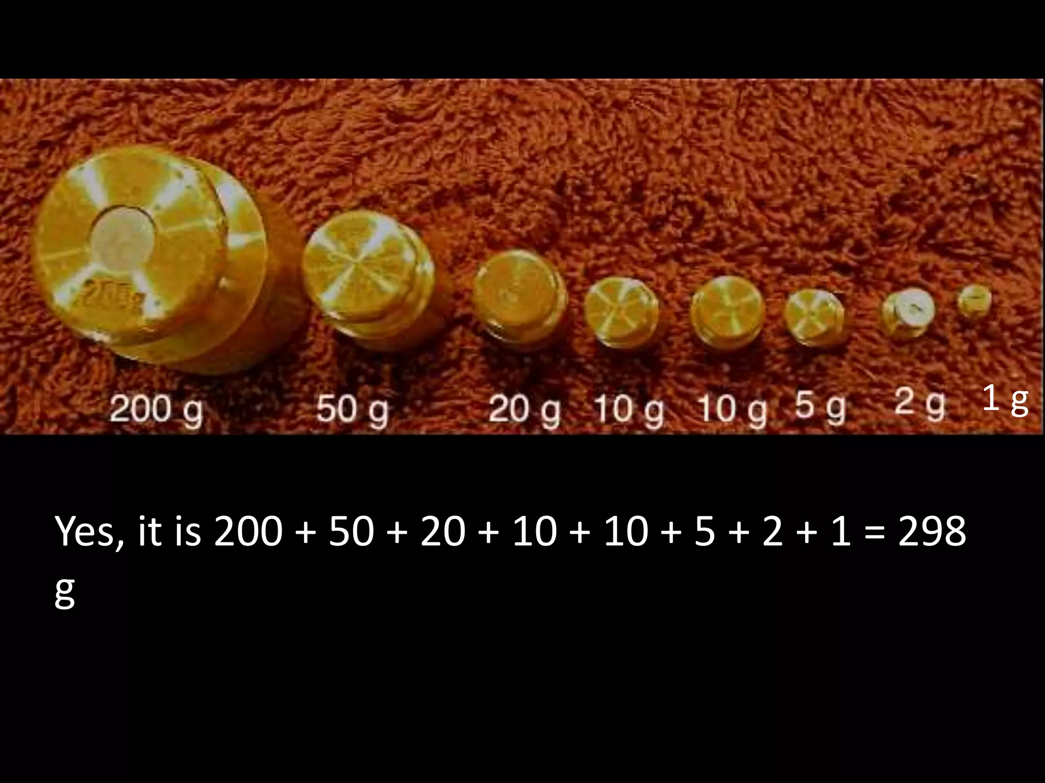 Yes, it is 200 + 50 + 20 + 10 + 10 + 5 + 2 + 1 = 298
g
1 g
 
